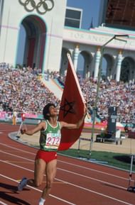 Moroccan hurdler Nawal El Moutawakel after winning the women's 400 metres hurdles at the 1984 Olympics